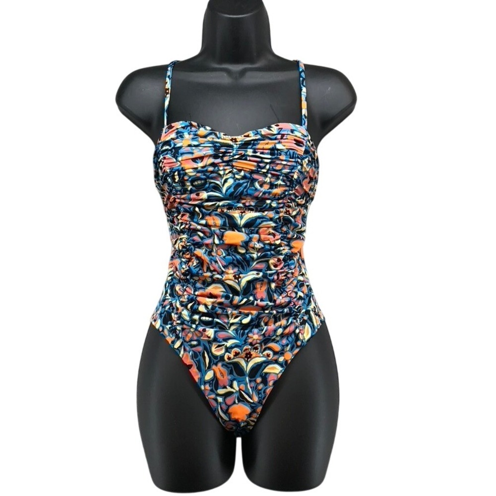 Cleobella One Piece Swimsuit Womens XS Blue Orange Floral Ruched Cross Back